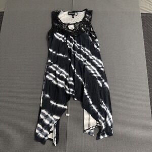 Antthony Womens Black Tie Dye Sharkbite Tunic Crochet Lace Studded Tank Top L